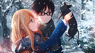 girl and boy during snow anime character