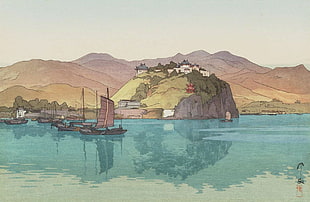 mountain near body of water painting, Yoshida Hiroshi, artwork, Japanese, painting