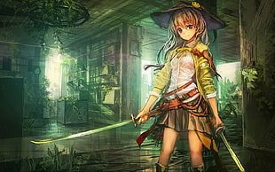 girl anime holding two swords digital wallpaper
