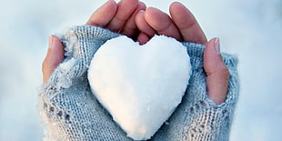 heart-shaped snow, snow, heart, gloves, hands