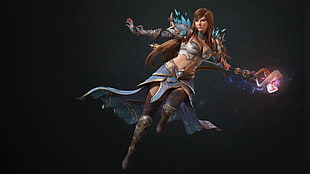 woman on grey and blue armor illustration