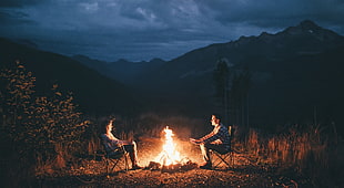 men's white long-sleeved shirt, vibes, landscape, campfire, camping