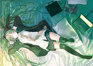 green hair female anime character laying on bed