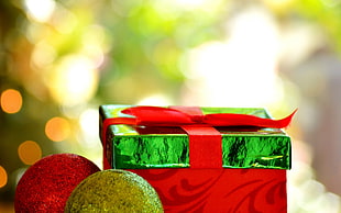 red gift box with baubles