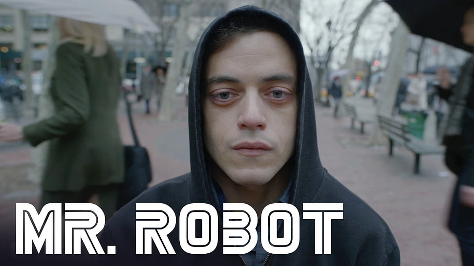 man in black hoodie with Mr. Robot text HD wallpaper