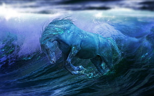 blue horse on wave painting
