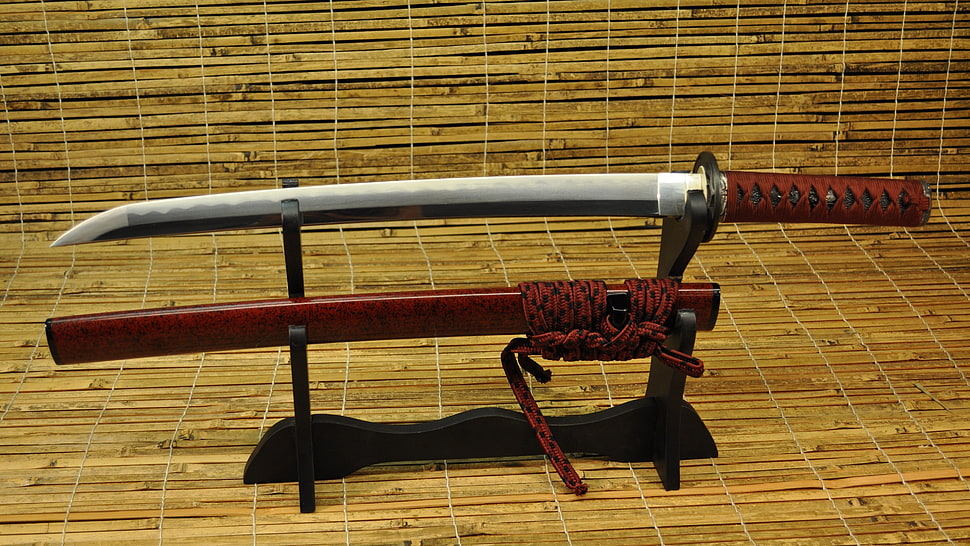 red and gray samurai with sheath, samurai, sword, Wazikashi HD wallpaper
