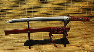 red and gray samurai with sheath, samurai, sword, Wazikashi