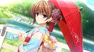 girl in teal and pink floral shirt holding red umbrella anime character wallpaper