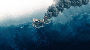 aerial photo of ocean with smoking ship, Star Wars, Star Destroyer