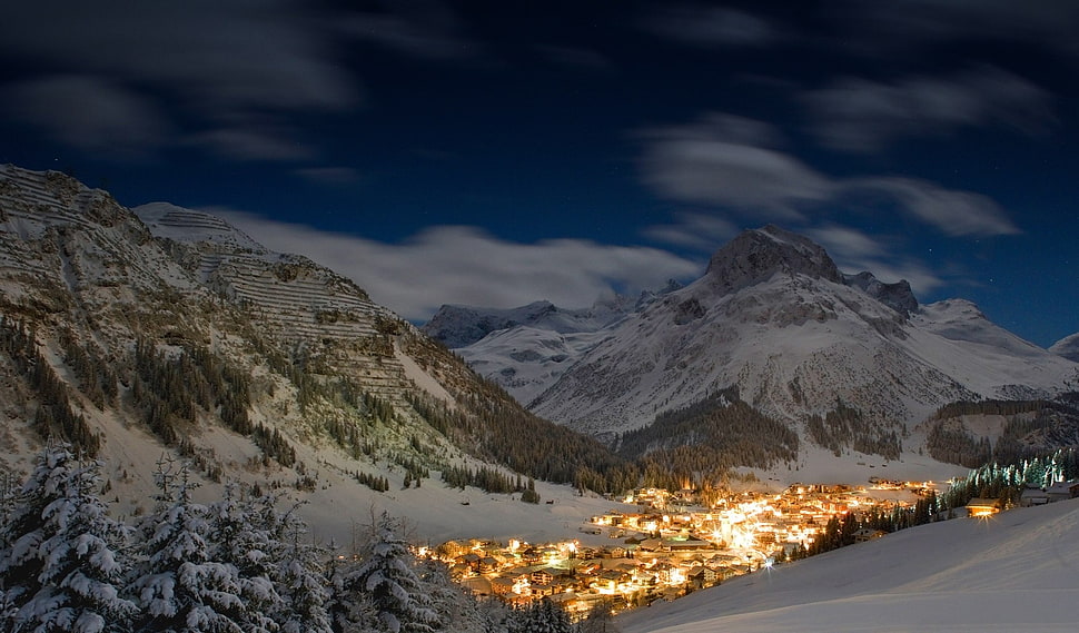 snow-covered mountain wallpaper, winter, starry night, Austria, snow HD wallpaper