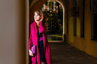 pink and black coat outfit