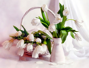 white Tulip flowers on vase and wicker basket photo