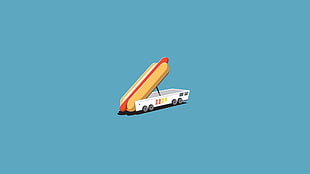 white truck with hotdog and bun illustration, blue background, hot dogs, missiles, humor