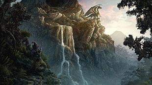 dragon near waterfall wallpaper, dragon, fantasy art