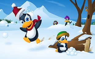 four penguins playing snow illustration HD wallpaper