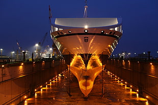 white cruiseship, ship, dock, shipyard, cranes (machine)