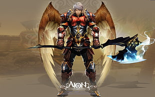 man with wings holding axe Aion character digital wallpaper