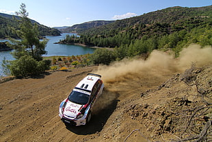 white drift car, rally cars, Ford, landscape, drift HD wallpaper