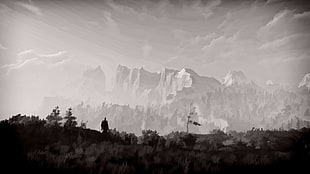 grascale photo of mountains, The Witcher 3: Wild Hunt, video games, screen shot, painting