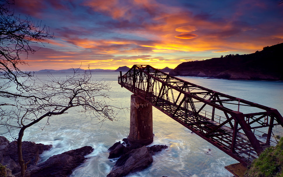 black and brown wooden table, nature, sunset, bridge, HDR HD wallpaper