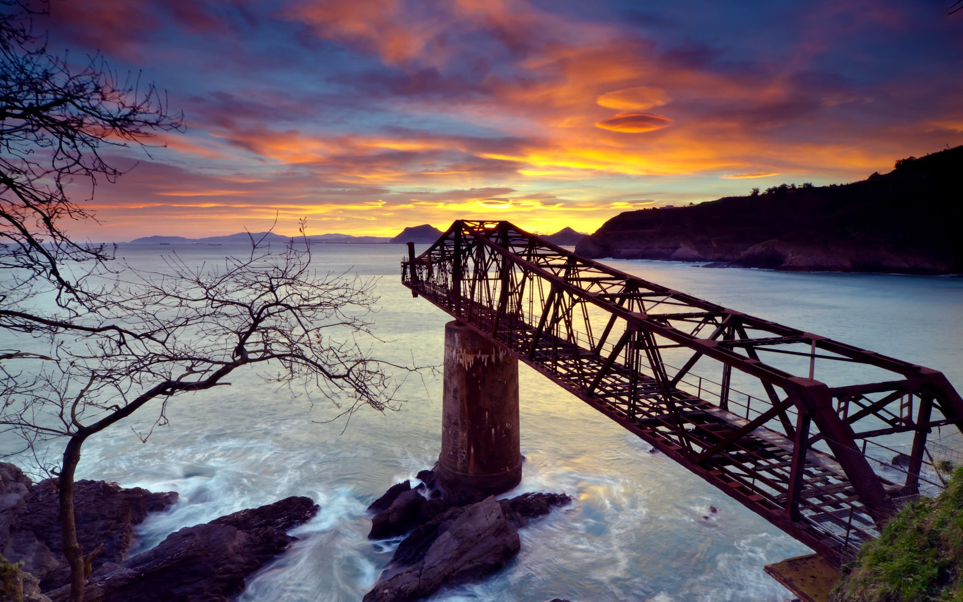 black and brown wooden table, nature, sunset, bridge, HDR