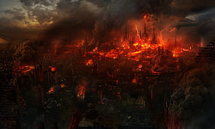 fire covered village digital wallpaper, fire, cityscape, city, apocalyptic