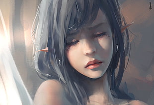 female anime painting, elves, artwork