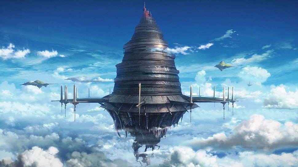 gray space ship, clouds, fantasy art, Sword Art Online HD wallpaper