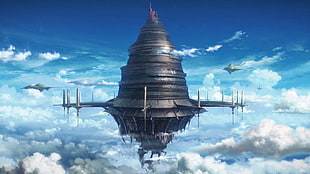 gray space ship, clouds, fantasy art, Sword Art Online