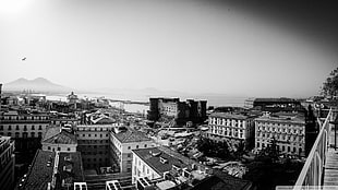 grayscale photo of city buildings, cityscape, monochrome, Napoli, volcano