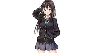 female Anime character wearing black button-up jacket