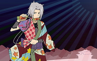 white haired male anime character wearing traditional dress