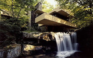 brown and gray concrete house, waterfall, Falling Water, Frank Lloyd Wright, building
