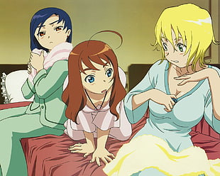 three girls in pajama anime characters illustration HD wallpaper