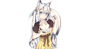 long white haired female anime character with animal ears wearing yellow and brown short-sleeved dress wallpaper