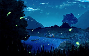 painting of people catching fireflies HD wallpaper