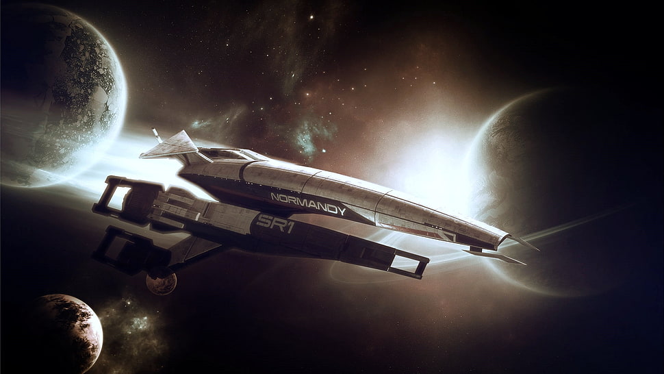 two white Normandy and black SR1 space ships in outer space HD wallpaper