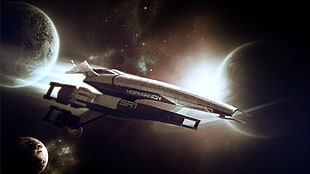 two white Normandy and black SR1 space ships in outer space