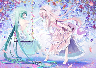 green and pink haired girls anime characters illustration HD wallpaper