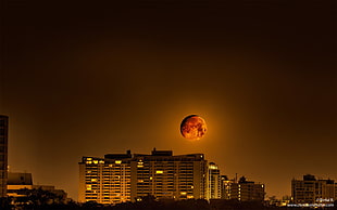 lunar eclipse, Moon, cityscape, sky, orange