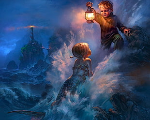 boy with lantern standing on rock in front of girl mermaid painting