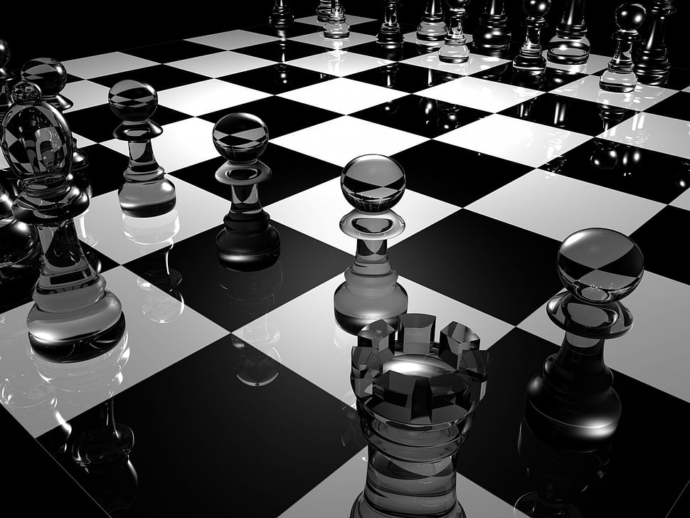glass chess board, chess, digital art, 3D, reflection HD wallpaper