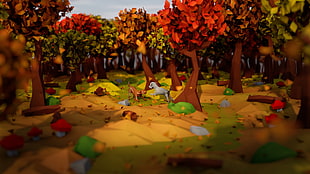 red leaf trees near animals cartoon illustration