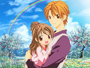 man hugging woman anime characters poster HD wallpaper