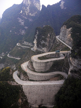 gray concrete mountain hi-way, road, mountains, hairpin turns HD wallpaper