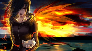 woman in black full-zip hoodie with fire wings anime character fan art HD wallpaper