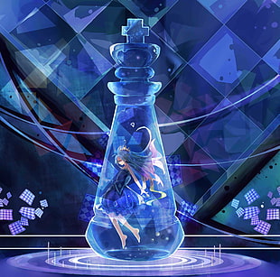 woman in blue dress inside bottle digitall wallpaper