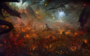 game application screenshot, artwork, war, fire, burning HD wallpaper