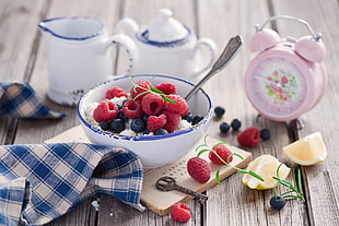 raspberry and blackberry on white and blue ceramic bowl HD wallpaper